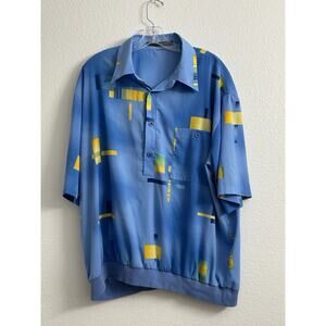 Vintage Alan Stuart Shirt Mens Banded Abstract Geometric Pattern Rayon Blue